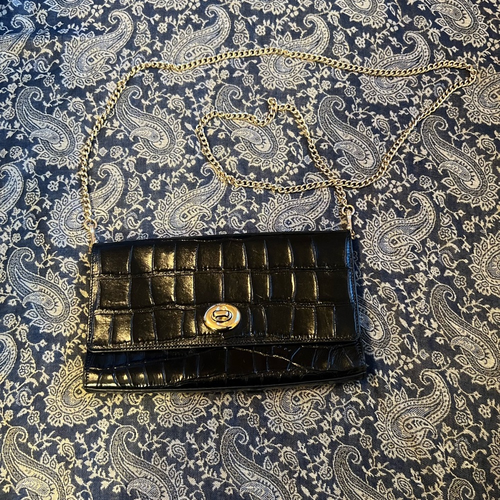 Coach Black Crocodile Embossed Clutch with Gold Chain